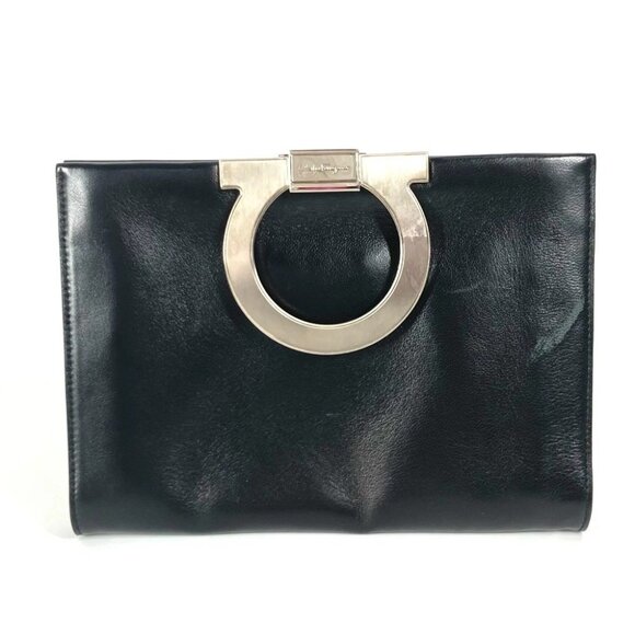 Salvatore Ferragamo Big Gancini logo pouch bag Clutch bag Leather Black/Silver